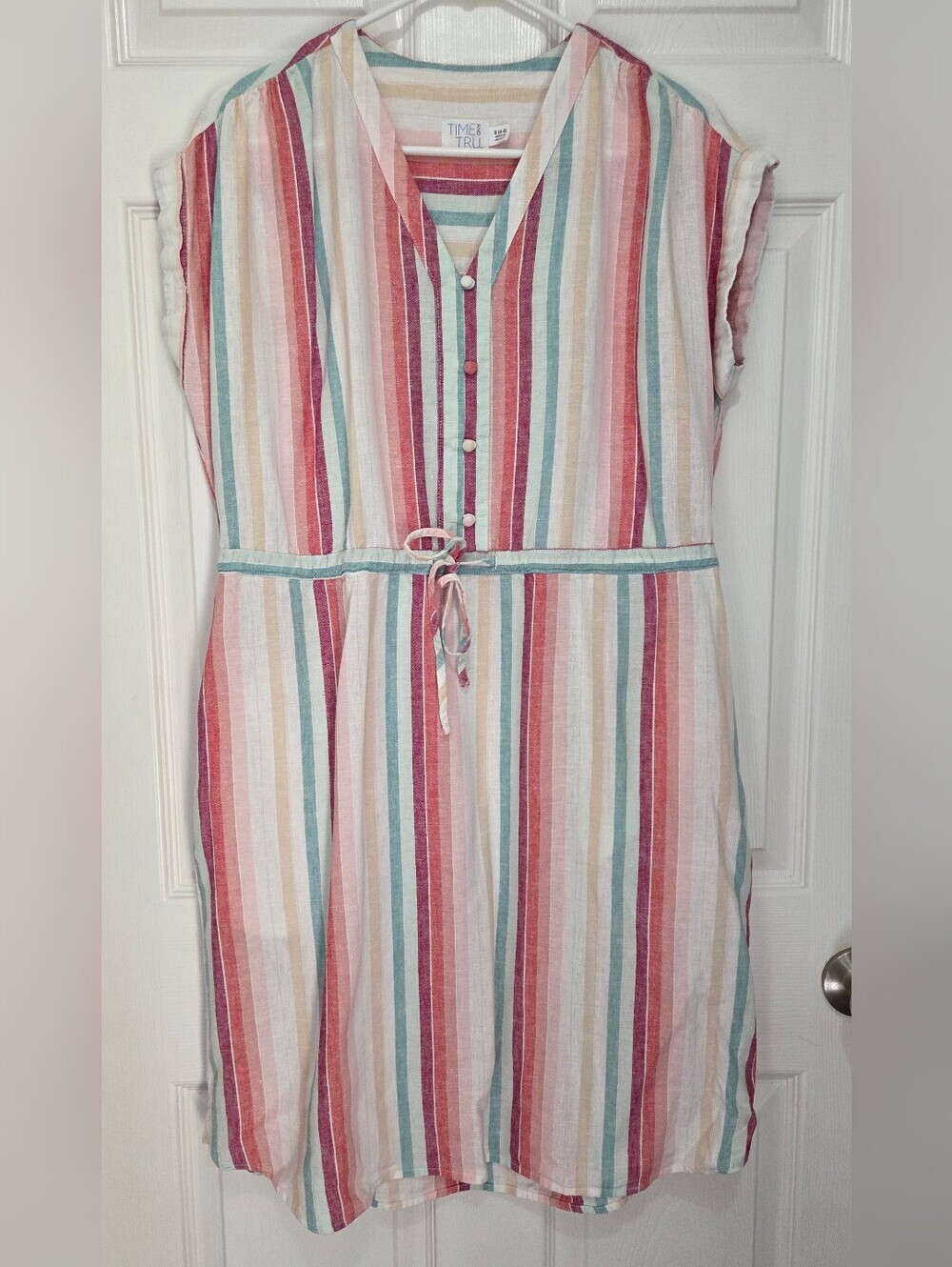 Time & Tru Linen Blend Pastel Vertical Stripe Midi Dress Drawstring Waist Small